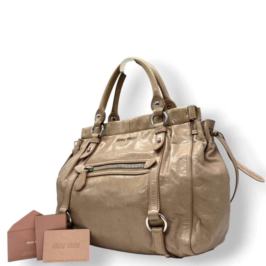 Miu Miu Miu handbag, Vitellolux tote bag, leather cameo, beige, pink Y2K 00s archive s6 (1 of 20)