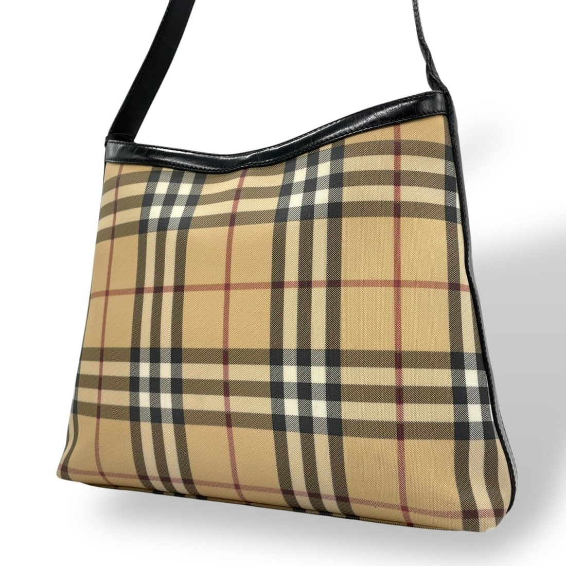 Burberry Nova Check Leather One-Shoulder Bag, Beige, Silver Hardware, S83: --- Catalog ---Category: SizeSize (HxWxD): 24cm x 30cm x 7cm / 9.44'' x 11.81'' x 2.75''Category: DesignType: Shoulder bagColor: Beige, BlackGender: WomenMaterial: PVC , Leather Category: GeneralBrand
