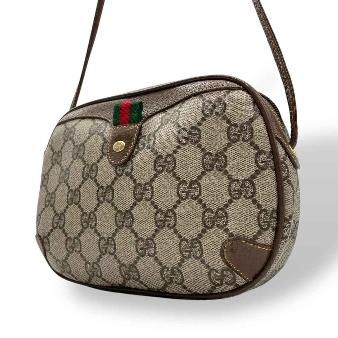 GUCCI GG Supreme Old Gucci Leather Sherry Line Shoulder Bag in Gray and Beige with Gold Hardware, D5 (1 of 19)