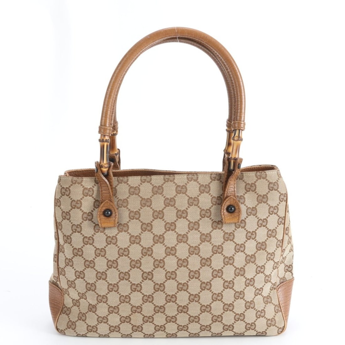 Gucci GG Canvas Bamboo Leather Tote Bag (112526) Brown Women's Shoulder Handbag (1 of 9)