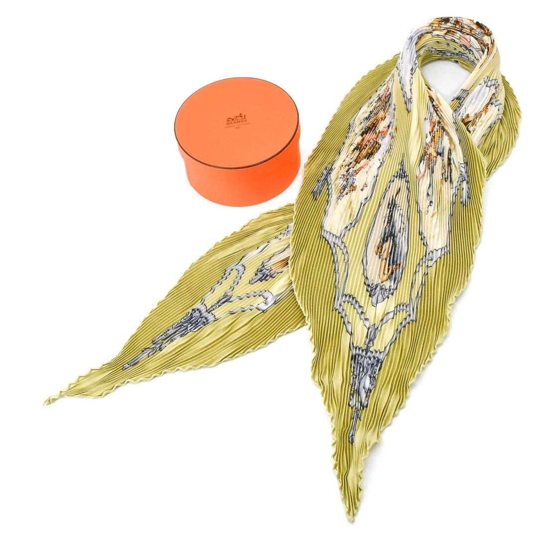 HERMES Pleated Carré Scarf/Muffler "Les Chevaux des Moghuls" Mughal Horse Silk Green Women's (1 of 19)