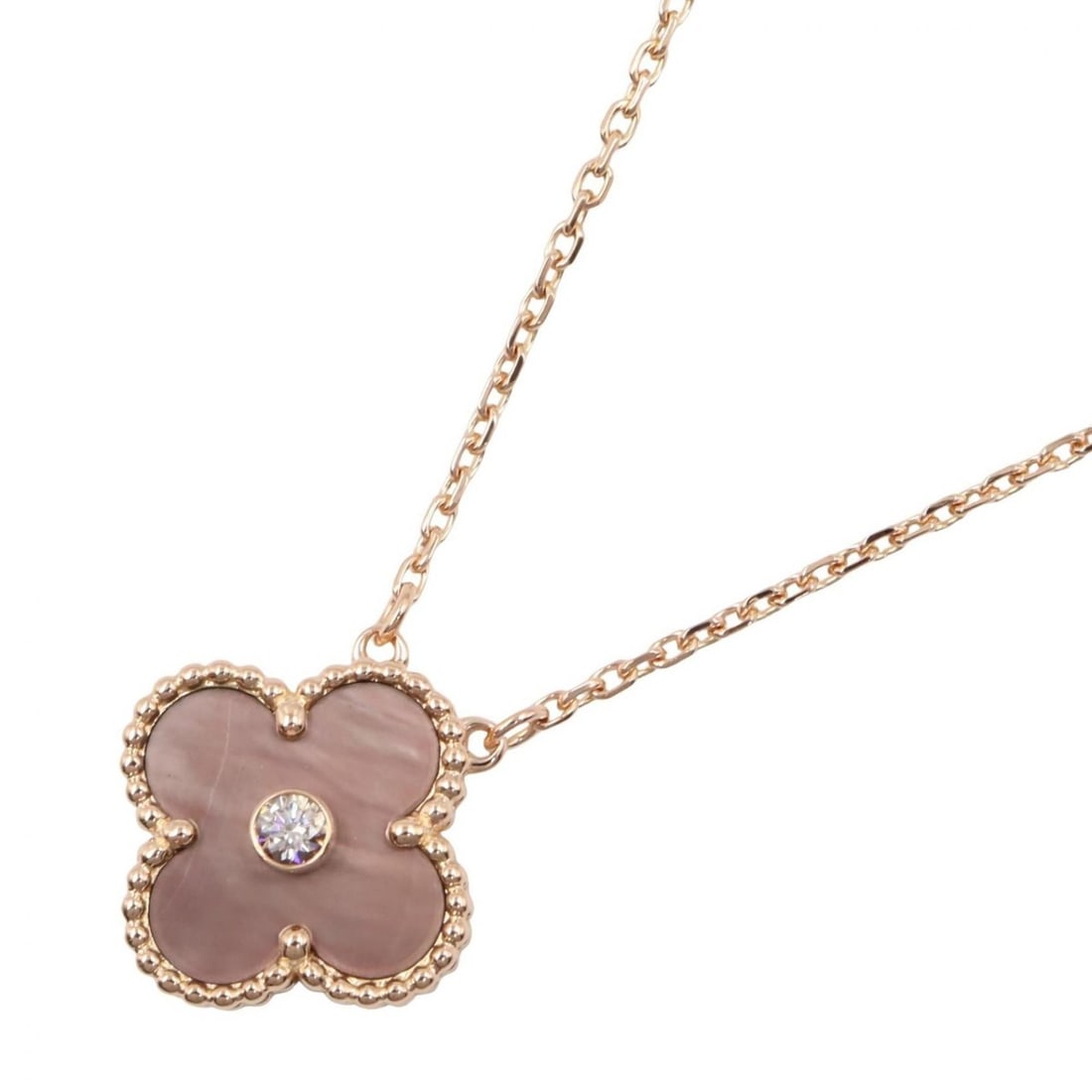 Van Cleef & Arpels Vintage Alhambra 1PD Gray Mother-of-Pearl Necklace in 18K Pink Gold with Diamonds: --- Catalog ---Category: SizePendant Size: 14mm x 14mm / 0.55'' x 0.55''Neck Circumference: 38.5 cm - 43 cm / 15.15'' - 16.92''Category: DesignColor: Clear, Pink goldGender: WomenMaterial: Pink gold (