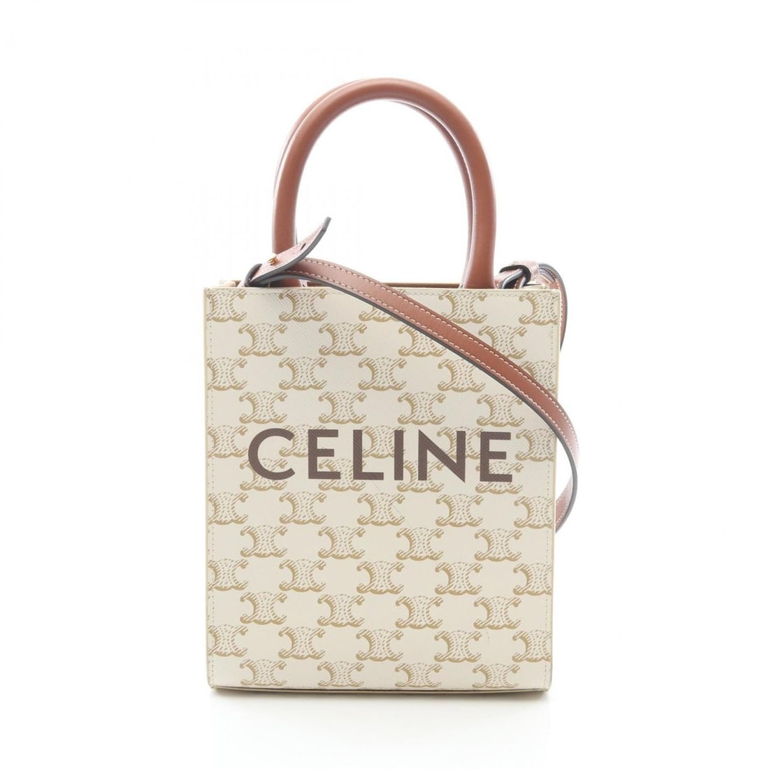 Celine Mini Vertical Cabas Triomphe Handbag, Coated Canvas and Leather, Women's, White Brown, 194372: --- Catalog ---Category: SizeSize (HxWxD): 20cm x 17cm x 5cm / 7.87'' x 6.69'' x 1.96''Category: DesignType: HandbagColor: Brown, WhiteGender: WomenMaterial: Coated canvas , Leather Category: GeneralM