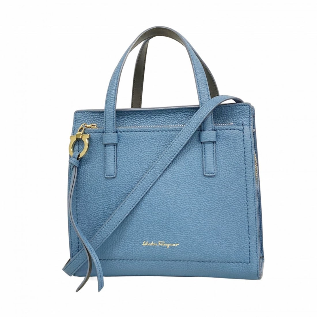 Salvatore Ferragamo Gancini Leather Handbag, Blue, 2-Way Bag for Women: --- Catalog ---Category: SizeSize (HxWxD): 22cm x 23.5cm x 12.5cm / 8.66'' x 9.25'' x 4.92''Category: DesignType: HandbagColor: BlueGender: WomenMaterial: Leather Hardware Color: GoldCategory: General