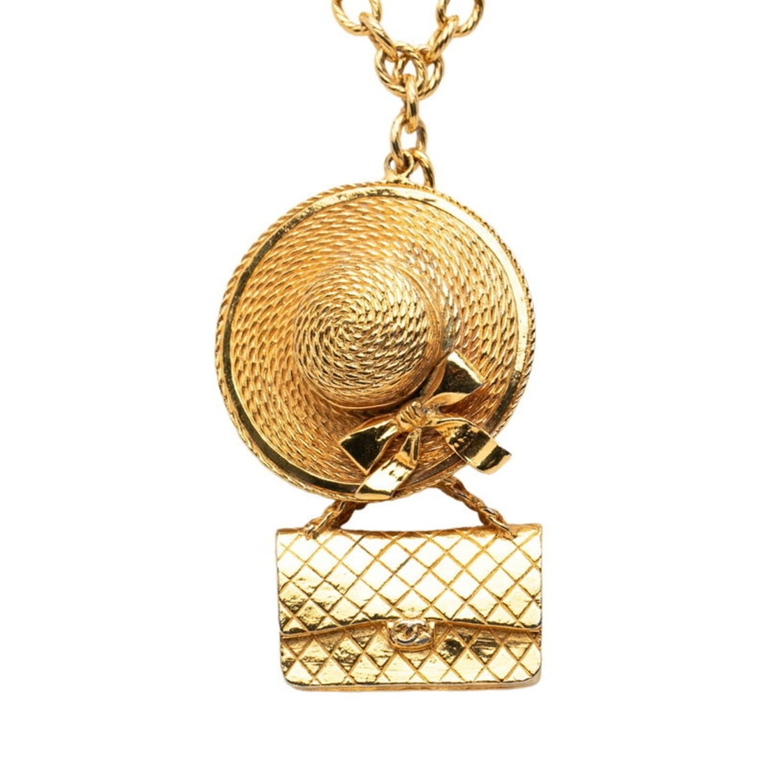 Chanel Matelasse Handbag with Straw Hat Motif Necklace, Gold Plated, Women's, CHANEL (1 of 12)