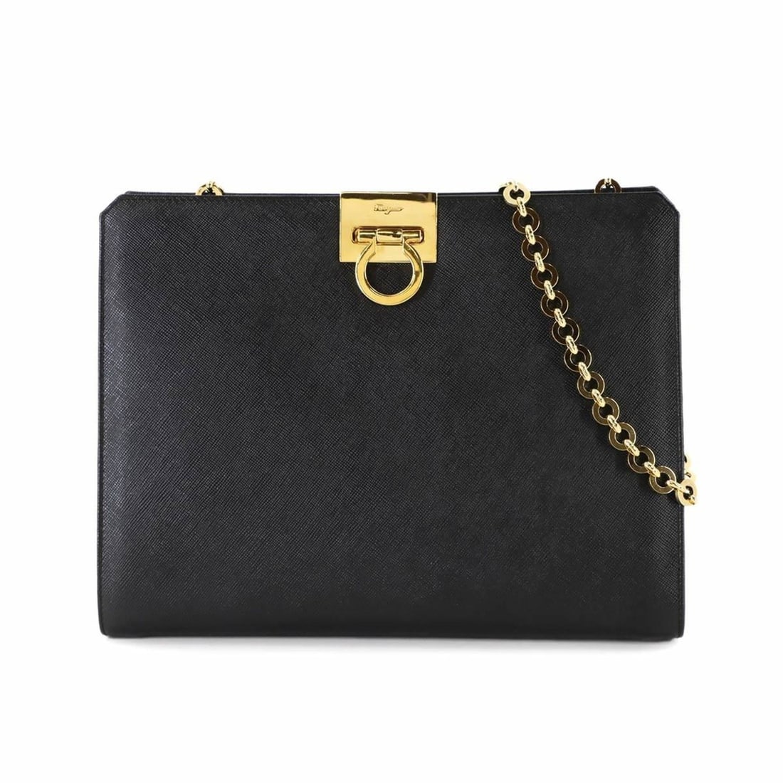Salvatore Ferragamo Gancini Chain Shoulder Handbag in Black Leather, 21 8753: --- Catalog ---Category: SizeSize (HxWxD): 19cm x 25cm x 7.5cm / 7.48'' x 9.84'' x 2.95''Category: DesignType: Handbag, Shoulder bagColor: BlackGender: WomenMaterial: Leather Category: GeneralMPN: 21