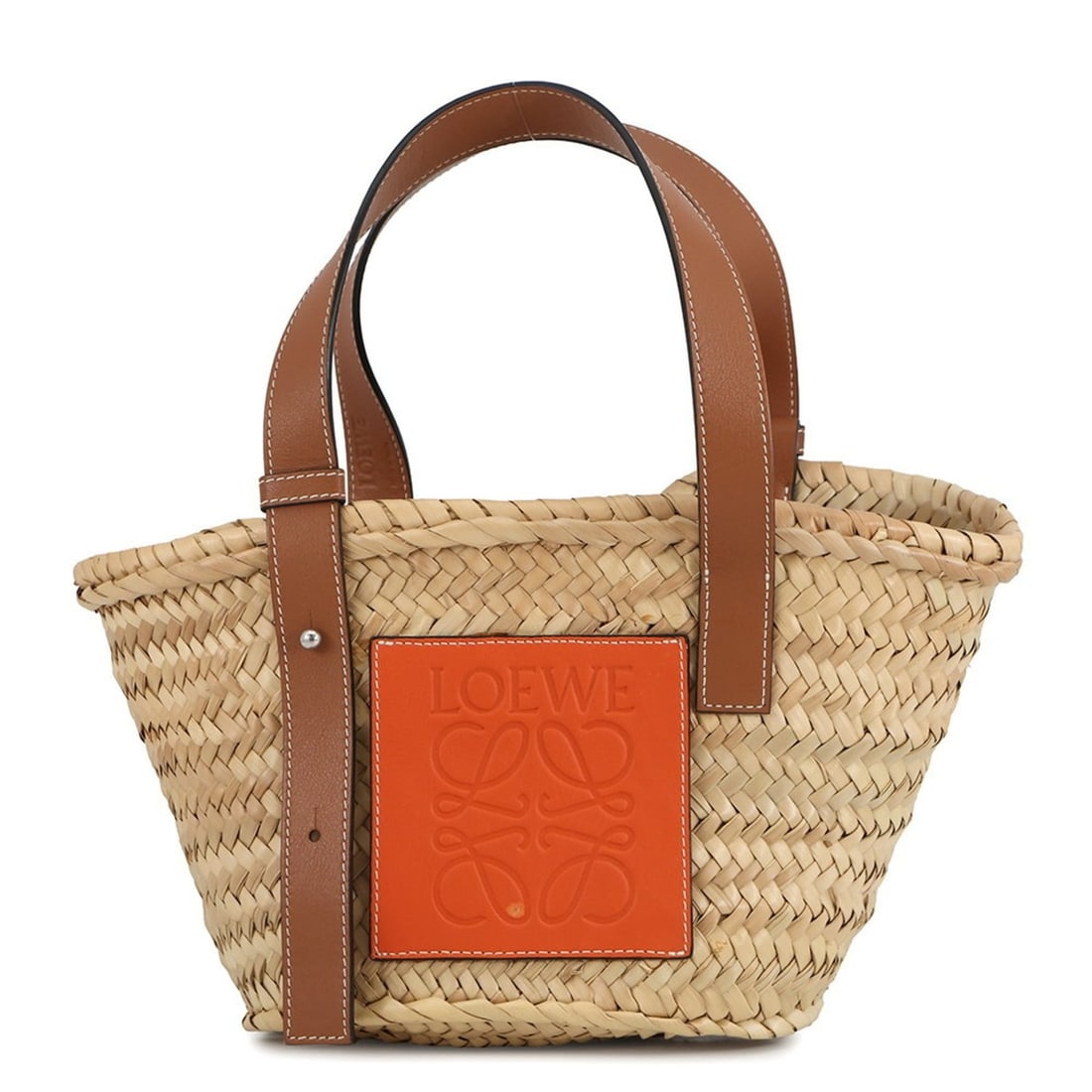 LOEWE Anagram Basket Bag, Small, Raffia and Leather, 327.02NS93. Women's Handbag.: --- Catalog ---Category: SizeWeight: 240g / 8.46oz.Size (HxWxD): 17cm x 33cm x 13cm / 6.69'' x 12.99'' x 5.11''Category: DesignType: Basket, HandbagColor: OrangeGender: WomenClosure: OpenMaterial: