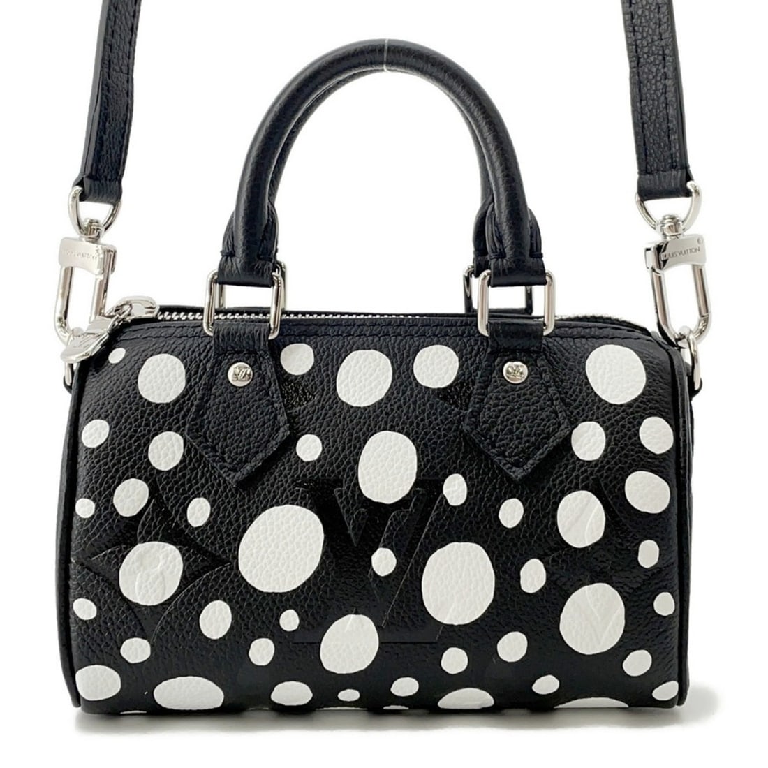 Louis Vuitton Monogram Empreinte Infinity Dot Handbag, LV×YK Nano Speedy M81910, Yayoi Kusama: --- Catalog ---Category: SizeWeight: 730g / 1.6lb.Size (HxWxD): 11cm x 16.5cm x 7cm / 4.33'' x 6.49'' x 2.75''Strap Length: 96cm - 111cm / 37.79'' - 43.7''Category: DesignType: HandbagColor: Black, No