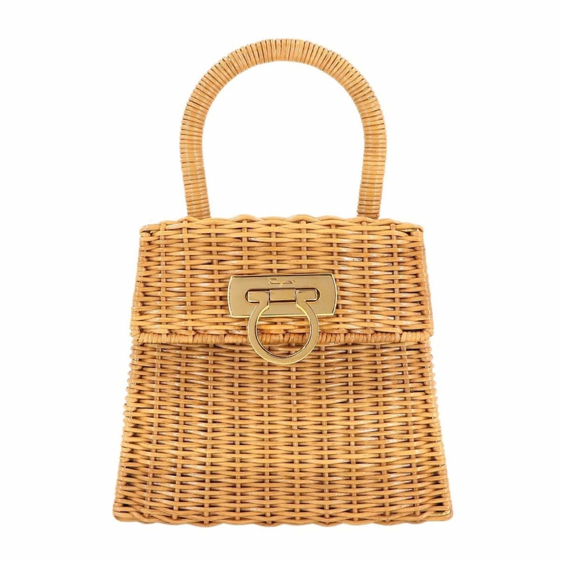 Salvatore Ferragamo Gancini Basket Handbag in Beige Rattan with Gold Hardware (1 of 20)