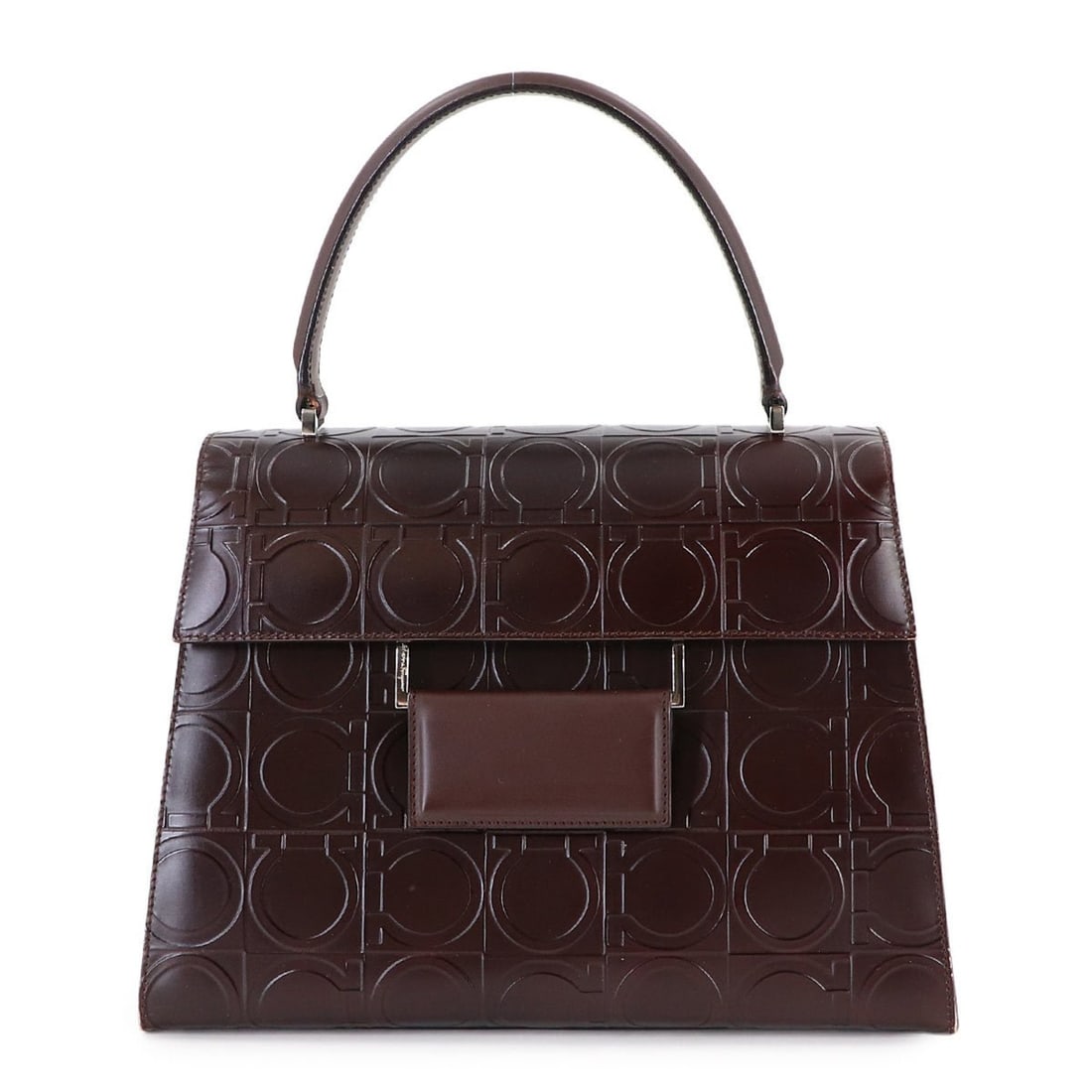 Salvatore Ferragamo Gancini Handbag in Brown Leather and Suede with Silver Hardware, Model AX-21: --- Catalog ---Category: SizeSize (HxWxD): 19cm x 27.5cm x 12cm / 7.48'' x 10.82'' x 4.72''Category: DesignType: HandbagColor: BrownGender: WomenMaterial: Leather Category: GeneralMPN: AX-21 0855Brand