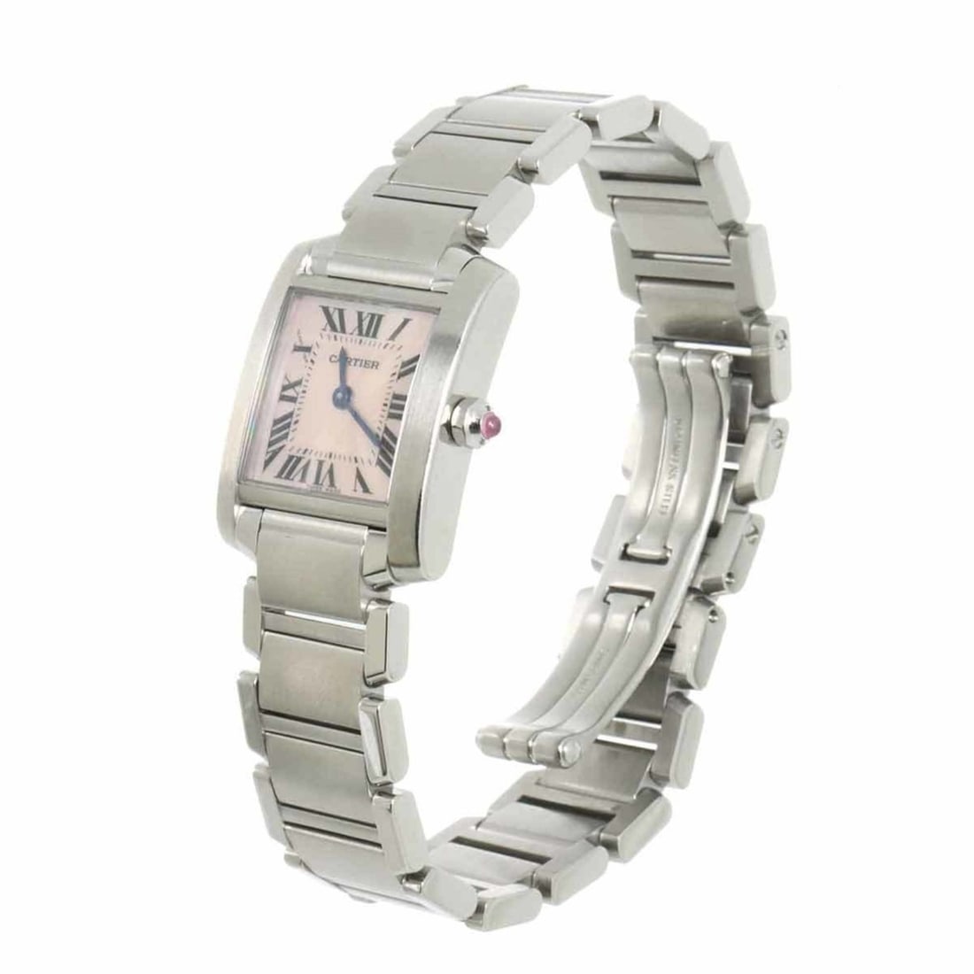 Cartier Tank Francaise SM W51028Q3 Women's Pink Shell Quartz Watch: --- Catalog ---Category: SizeWrist Size: 15.5cm / 6.1''Case Diameter: 20mm / 0.79''Category: DesignType: WristwatchGender: WomenColor (Dial): Pink shellMaterial (Band): Stainless steelMaterial (Case):