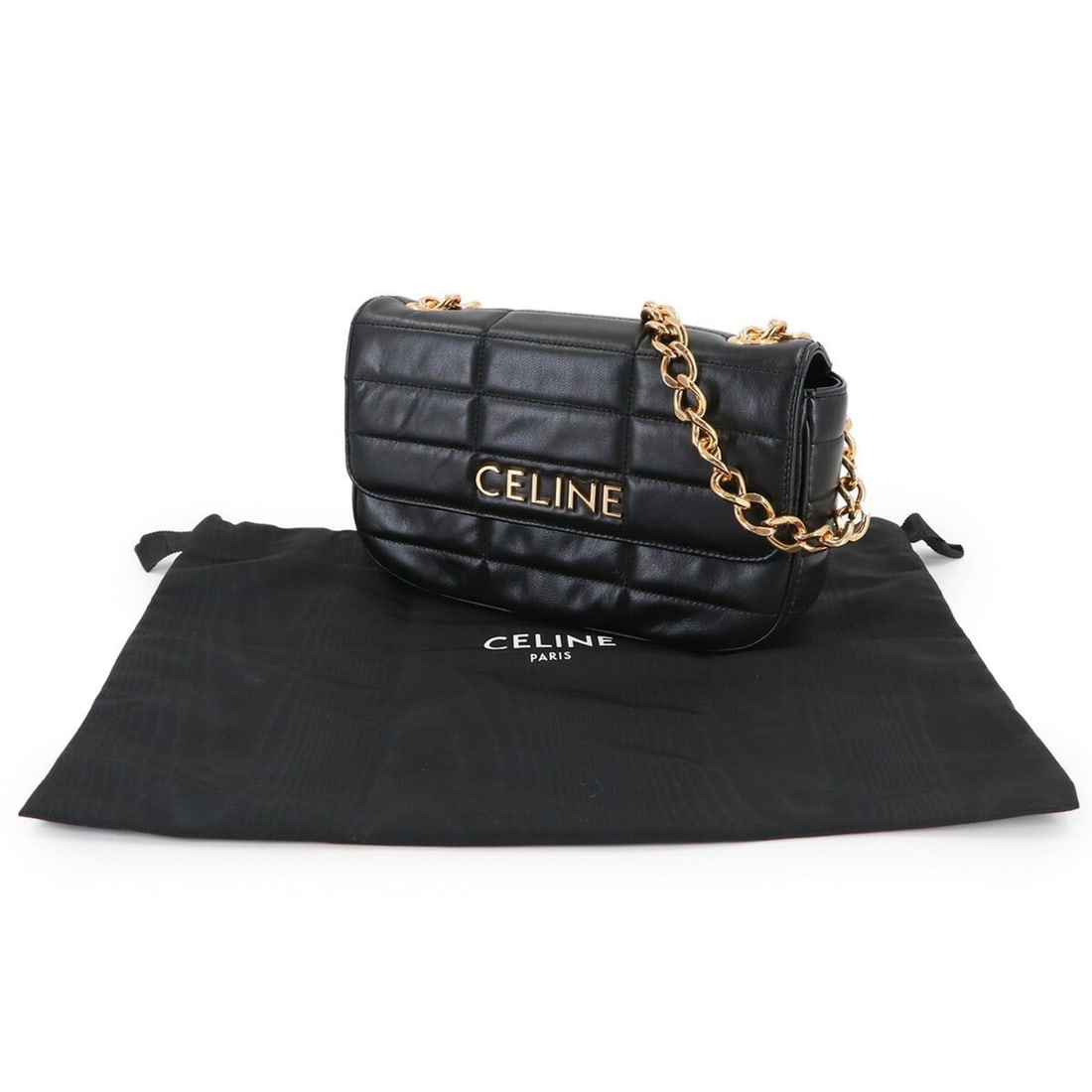 Celine Chain Shoulder Bag, Matelassé Leather, Black, Gold Hardware, 111273EPZ: --- Catalog ---Category: SizeSize (HxWxD): 14cm x 23cm x 5cm / 5.51'' x 9.05'' x 1.96''Category: DesignType: Handbag, Shoulder bagColor: BlackGender: WomenMaterial: Leather Category: GeneralMPN: 11127
