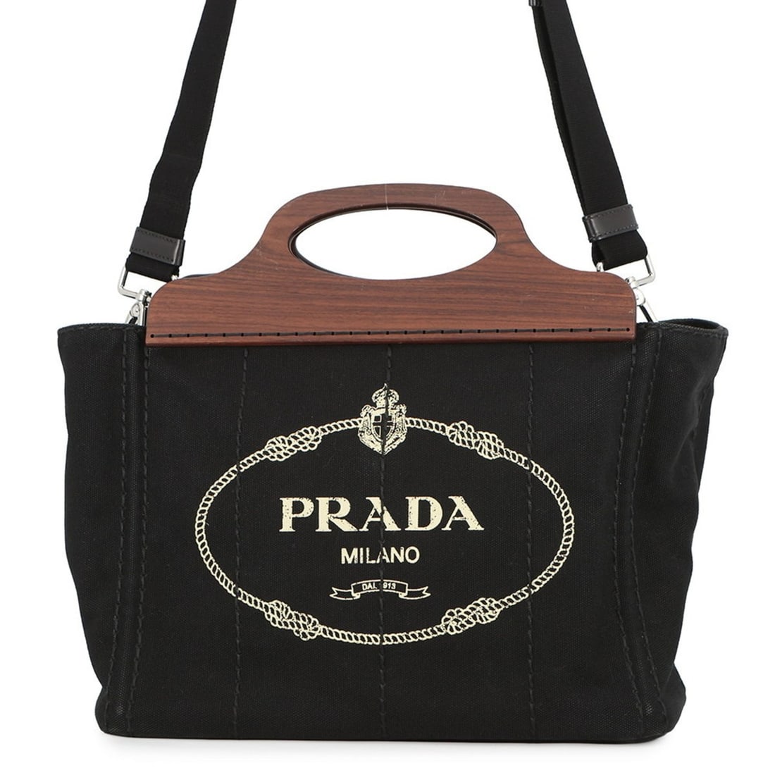 Prada Canapa Handbag with Wooden Handles and Canvas 1BG350, a black 2-way shoulder bag. (1 of 20)