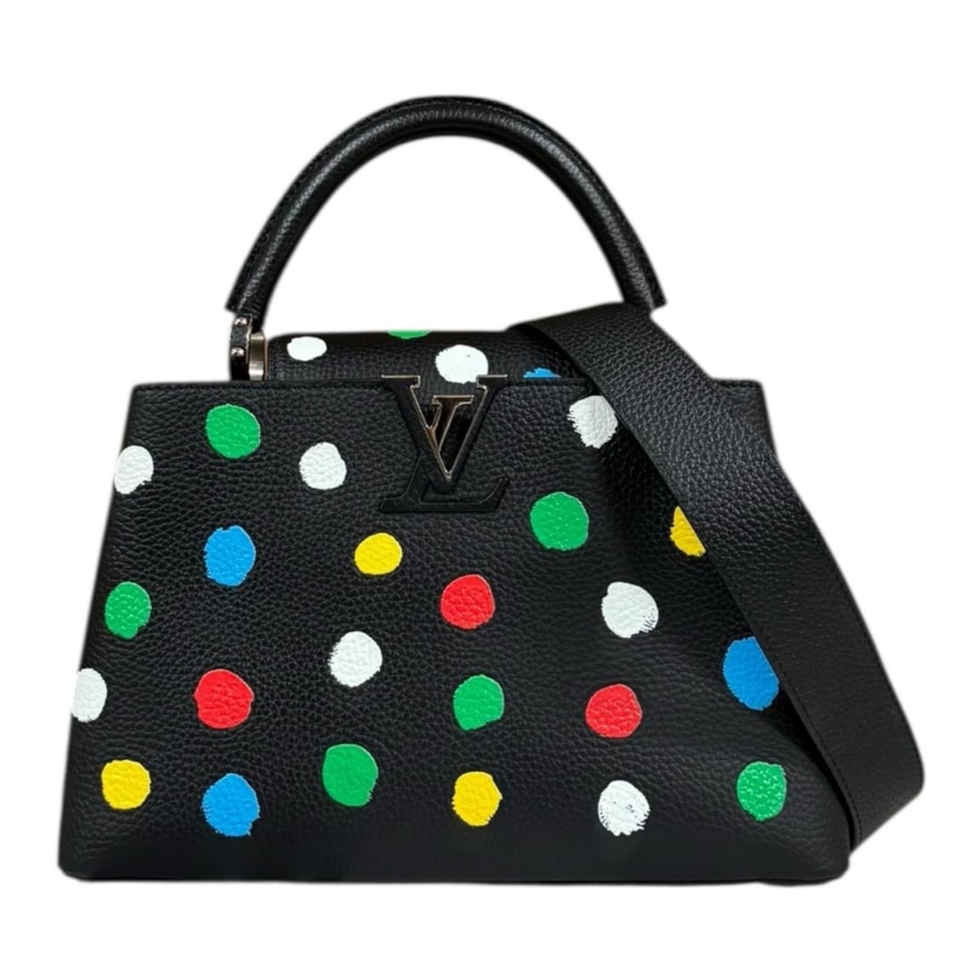 Louis Vuitton Yayoi Kusama Collaboration Dotted Capucines MM Shoulder Bag, Taurillon Leather M21663,: --- Catalog ---Category: SizeSize (HxWxD): 20cm x 31cm x 10.5cm / 7.87'' x 12.2'' x 4.13''Category: DesignType: Shoulder bagColor: Black, Multi-colorGender: WomenMaterial: Leather Category: GeneralMPN