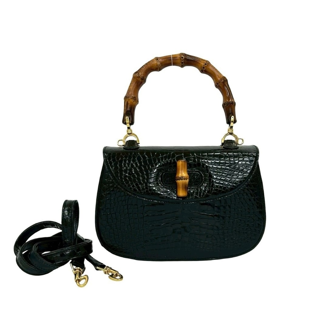 GUCCI Bamboo Turnlock Crocodile Leather 2-Way Handbag/Shoulder Bag, Black i74-7: --- Catalog ---Category: SizeSize (HxWxD): 15cm x 22cm x 7cm / 5.9'' x 8.66'' x 2.75''Category: DesignType: Handbag, Shoulder bagColor: BlackGender: WomenMaterial: Leather Category: GeneralBrand: Gucc
