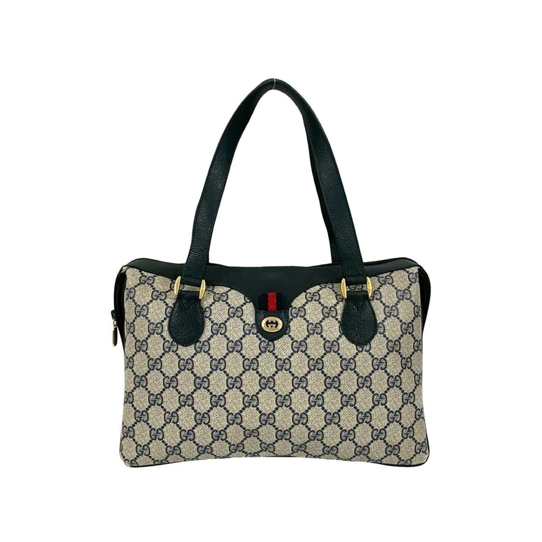 GUCCI Old Gucci Sherry Line GG Leather Handbag Mini Tote Bag Navy 54167: --- Catalog ---Category: SizeSize (HxWxD): 22cm x 31cm x 7cm / 8.66'' x 12.2'' x 2.75''Category: DesignType: Handbag, Tote bagColor: Navy, Red colorGender: WomenMaterial: Leather , PVC Category: Gener
