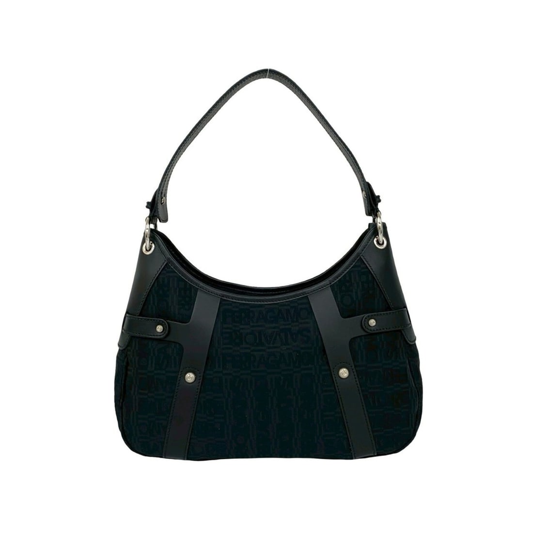 Salvatore Ferragamo Leather Canvas One Semi Shoulder Bag, Black, 61503: --- Catalog ---Category: SizeSize (HxWxD): 18cm x 32cm x 10cm / 7.08'' x 12.59'' x 3.93''Category: DesignType: Shoulder bagColor: BlackGender: WomenMaterial: Leather , Canvas Category: GeneralBrand: S