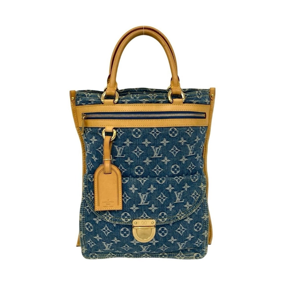 LOUIS VUITTON Louis Vuitton Flat Shopper Monogram Denim Leather Tote Bag Handbag Blue Beige 54241 (1 of 10)