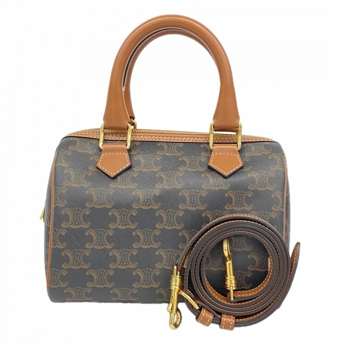 Celine Triomphe Leather Handbag in Black and Brown, 2-Way Bag for Women: --- Catalog ---Category: SizeSize (HxWxD): 14cm x 20cm x 10cm / 5.51'' x 7.87'' x 3.93''Category: DesignType: HandbagColor: Black, BrownGender: WomenMaterial: PVC , Leather Hardware Color: GoldCategor