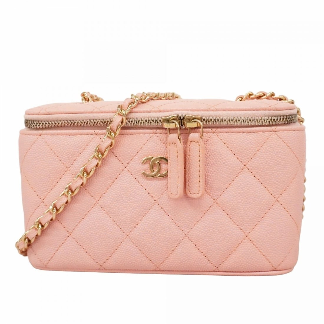 Chanel Matelasse Handbag/Vanity Bag with Chain Shoulder in Caviar Skin, Pink and Champagne (1 of 14)