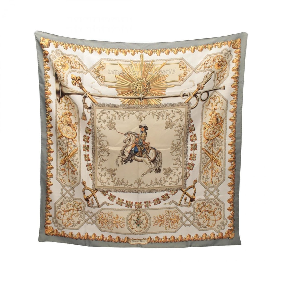 Hermes Hermès Carré 90 Ludovicus Magnus Silk Scarf for Women, Gray, Beige, Multicolor: --- Catalog ---Category: SizeSize (LxW): 89cm x 89cm / 35.03'' x 35.03''Category: DesignType: ScarfColor: Beige, Gray, Multi-colorGender: WomenMaterial: Silk Category: GeneralBrand: Hermes--- Item Lis