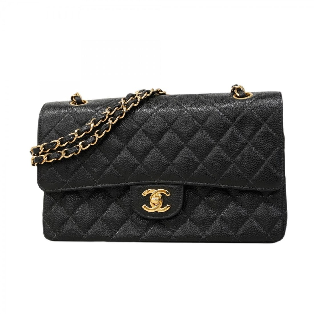 Chanel Matelasse Shoulder Bag with Double Flap and Chain, Caviar Skin, Black, Women's (1 of 14)