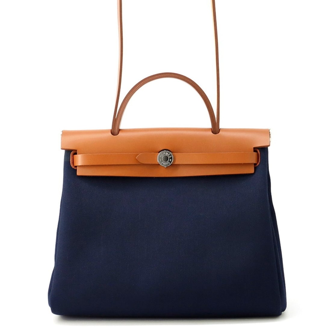 Hermès Airbag Zip PM, Navy, Natural Toile H, Vache Hunter, W Stamp, Handbag, HERMES: --- Catalog ---Category: SizeSize (HxWxD): 26cm x 31cm x 10cm / 10.23'' x 12.2'' x 3.93''Category: DesignType: HandbagColor: Natural, NavyGender: Women,MenMaterial: Toile H , Vache leather Category: G