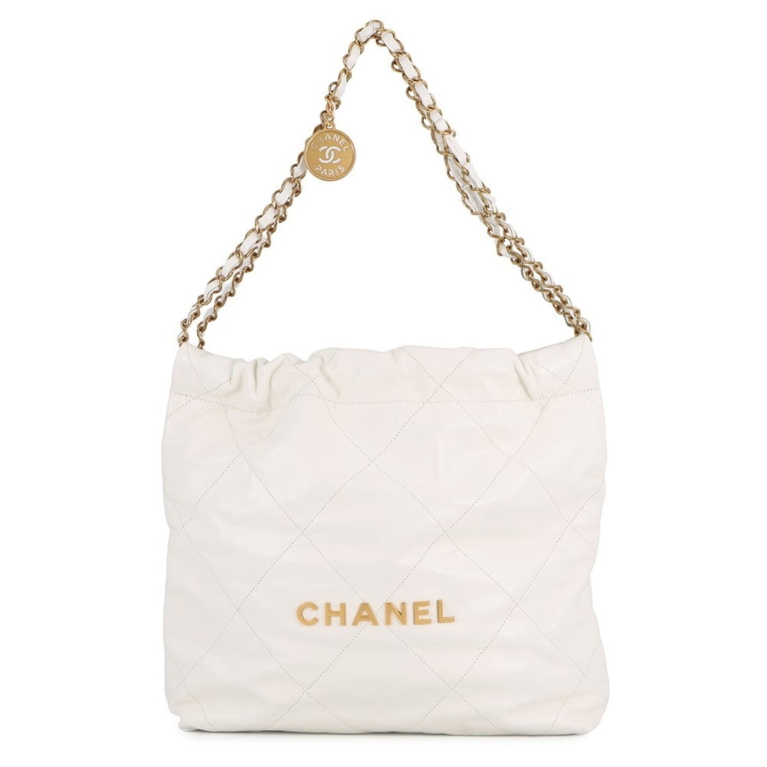 CHANEL 22 Matelasse Small Handbag in Shiny Calfskin (AS3260) White. Women's handbag.: --- Catalog ---Category: SizeSize (HxWxD): 30cm x 30cm x 7.5cm / 11.81'' x 11.81'' x 2.95''Category: DesignType: HandbagColor: WhiteGender: WomenMaterial: Leather Leather/Fur Type: Grained CalfskinCat