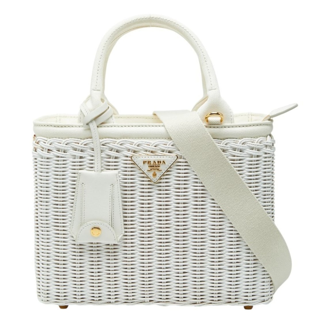 Prada Canapa Wicker Handbag/Shoulder Bag, 2-Way Basket 1BG835, White Rattan Canvas with Triangle: --- Catalog ---Category: SizeSize (HxWxD): 20cm x 26cm x 12cm / 7.87'' x 10.23'' x 4.72''Category: DesignType: Handbag, Shoulder bagColor: WhiteGender: WomenMaterial: Canvas Category: GeneralMPN: 1BG8