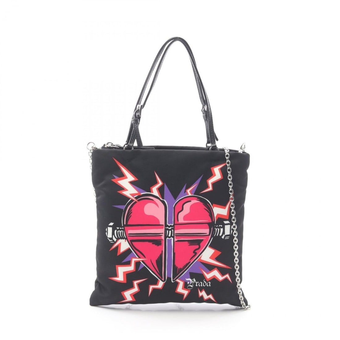 Prada TESSUTO HEART Frankenstein Handbag, Nylon and Leather, Women's, Black, Multicolor, 1BA252: --- Catalog ---Category: SizeSize (HxWxD): 23cm x 20cm x 2cm / 9.05'' x 7.87'' x 0.78''Category: DesignType: HandbagColor: Black, Multi-colorGender: WomenMaterial: Nylon , Leather Category: GeneralMPN