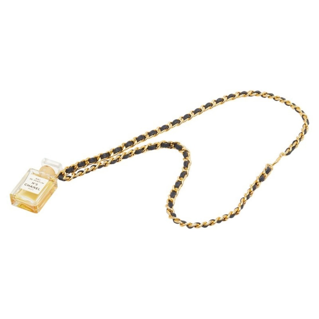 Chanel No. 5 Perfume Bottle Motif Necklace in Clear, Gold, and Black Glass with Plated Fabric,: --- Catalog ---Category: SizePendant Size: 46.7mm x 24.1mm / 1.83'' x 0.94''Neck Circumference: 60 cm / 23.62''Category: DesignColor: Black, Clear, GoldGender: WomenMaterial: GlassNecklace Type: Neckl