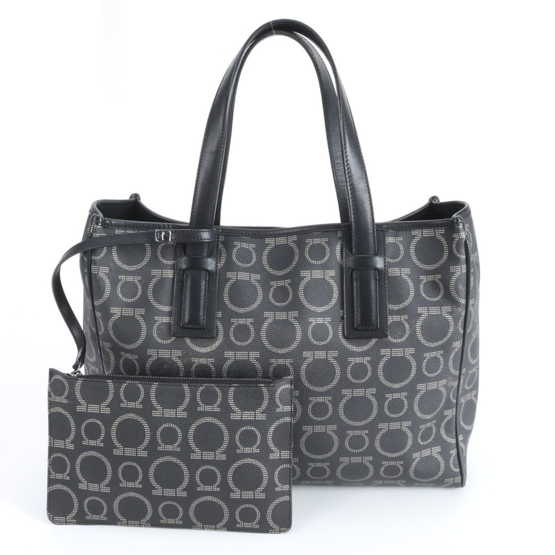 Salvatore Ferragamo Gancini Leather Tote Bag with Shoulder Strap and Pouch, Black, for Women (1 of 15)