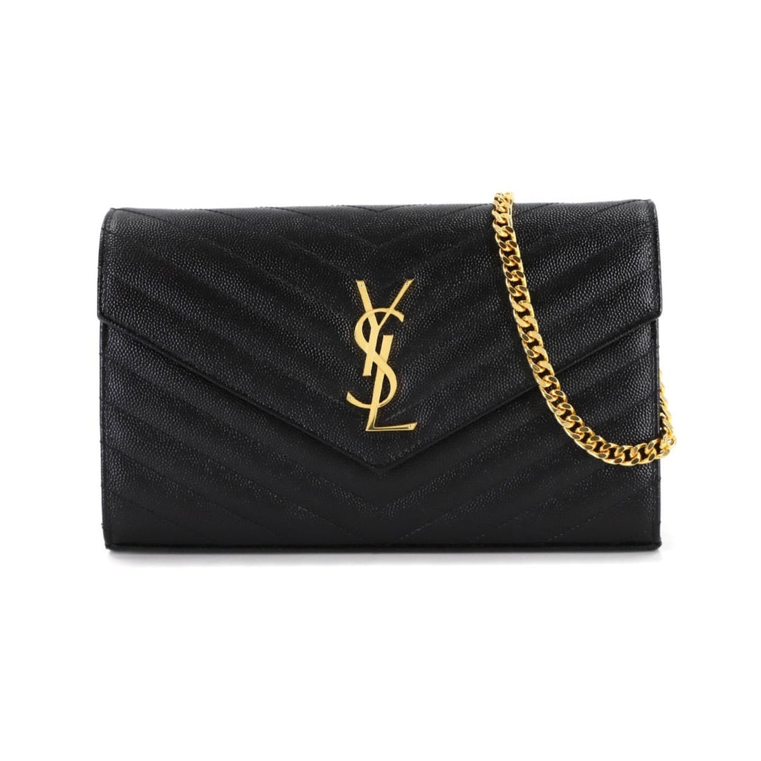 Saint Laurent Cassandra Chain Wallet, black leather with gold hardware, model 377828.: --- Catalog ---Category: SizeSize (HxWxD): 14.5cm x 22.5cm x 3.5cm / 5.7'' x 8.85'' x 1.37''Category: DesignType: Chain/Shoulder walletColor: BlackGender: WomenMaterial: Leather Category: GeneralMPN: