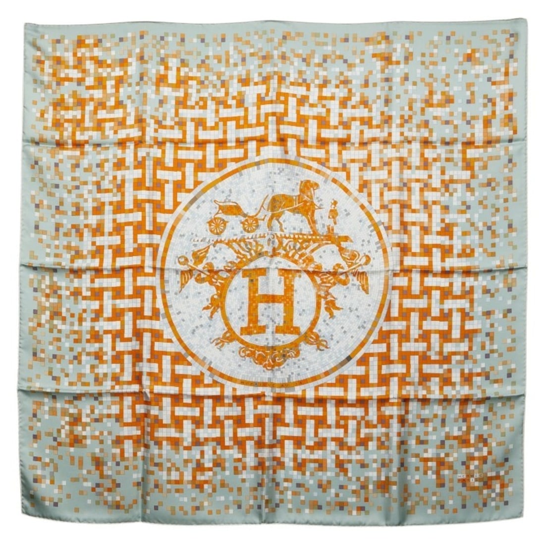 Hermes Hermès Carré 90 Mosaic 24 Au Scarf, Large, Orange and Green Silk, Women's: --- Catalog ---Category: SizeSize (LxW): 87cm x 88cm / 34.25'' x 34.64''Category: DesignType: ScarfColor: Green, OrangeGender: WomenMaterial: Silk Category: GeneralBrand: Hermes--- Item List ---Sectio