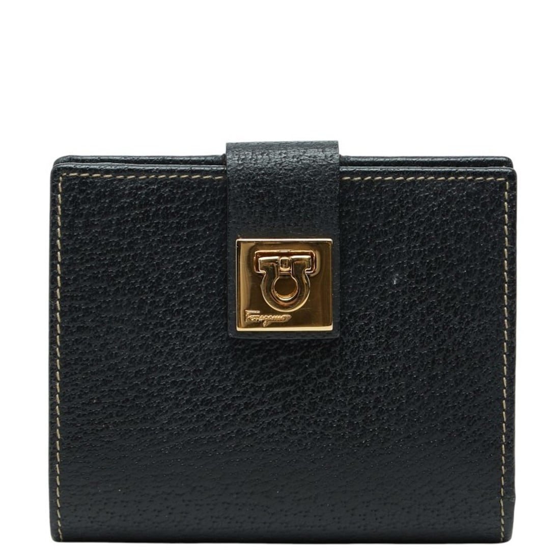 Salvatore Ferragamo Gancini Bifold Wallet in Black Leather with Gold Hardware, Women's: --- Catalog ---Category: SizeSize (HxWxD): 9cm x 10.7cm x 2cm / 3.54'' x 4.21'' x 0.78''Category: DesignType: Wallet (bi-fold)Color: BlackGender: WomenMaterial: Leather Category: GeneralBrand: Salvato