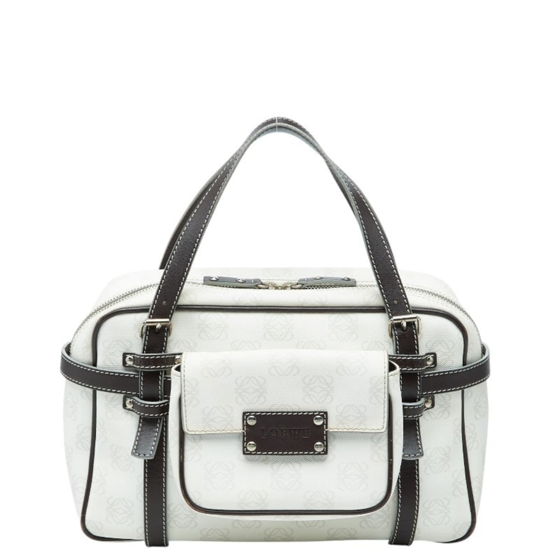 LOEWE Repeat Anagram Handbag in White and Brown Leather for Women: --- Catalog ---Category: SizeSize (HxWxD): 16cm x 27cm x 9cm / 6.29'' x 10.62'' x 3.54''Category: DesignType: HandbagColor: Brown, WhiteGender: WomenMaterial: PVC , Leather Category: GeneralBrand: Loe