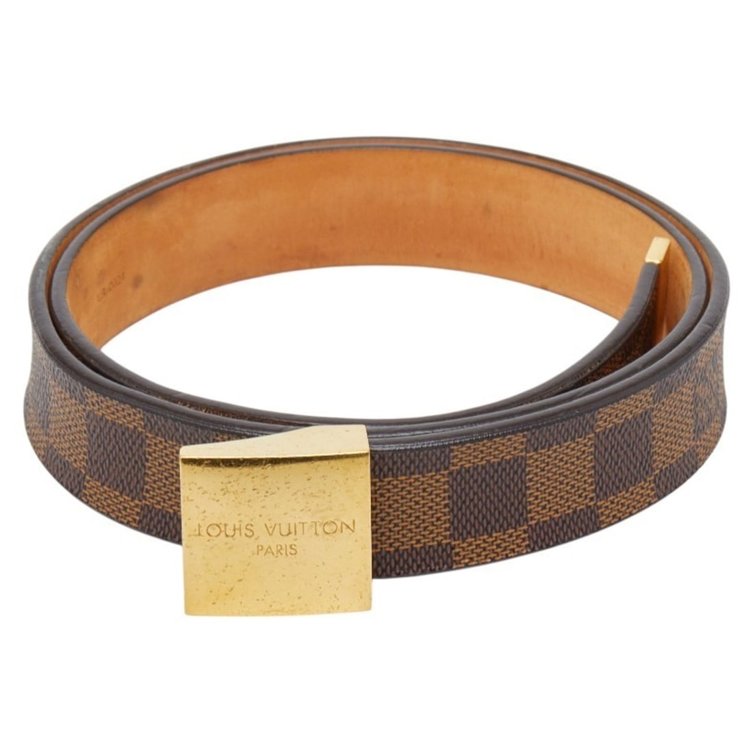 Louis Vuitton Damier Santur Carre Belt, Size 85, 34, M6802U, Brown and Gold Leather, Men's, LOUIS: --- Catalog ---Category: SizeLength: 80cm - 90cm / 31.49'' - 35.43''Category: DesignType: Standard beltColor: Brown, GoldGender: MenMaterial (Strap): PVC , Leather Category: GeneralLine: DamierBrand: