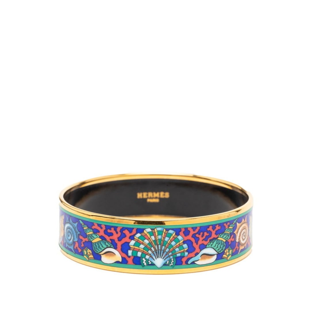 Hermes enamel GM cloisonné seashells coral bangle in gold, green, and multicolor plated for women.: --- Catalog ---Category: SizeLength: 22.5cm / 8.85''Category: DesignType: BangleColor: Gold, Green, Multi-colorGender: WomenMaterial: Gold platingCategory: GeneralBrand: Hermes--- Item List ---Section