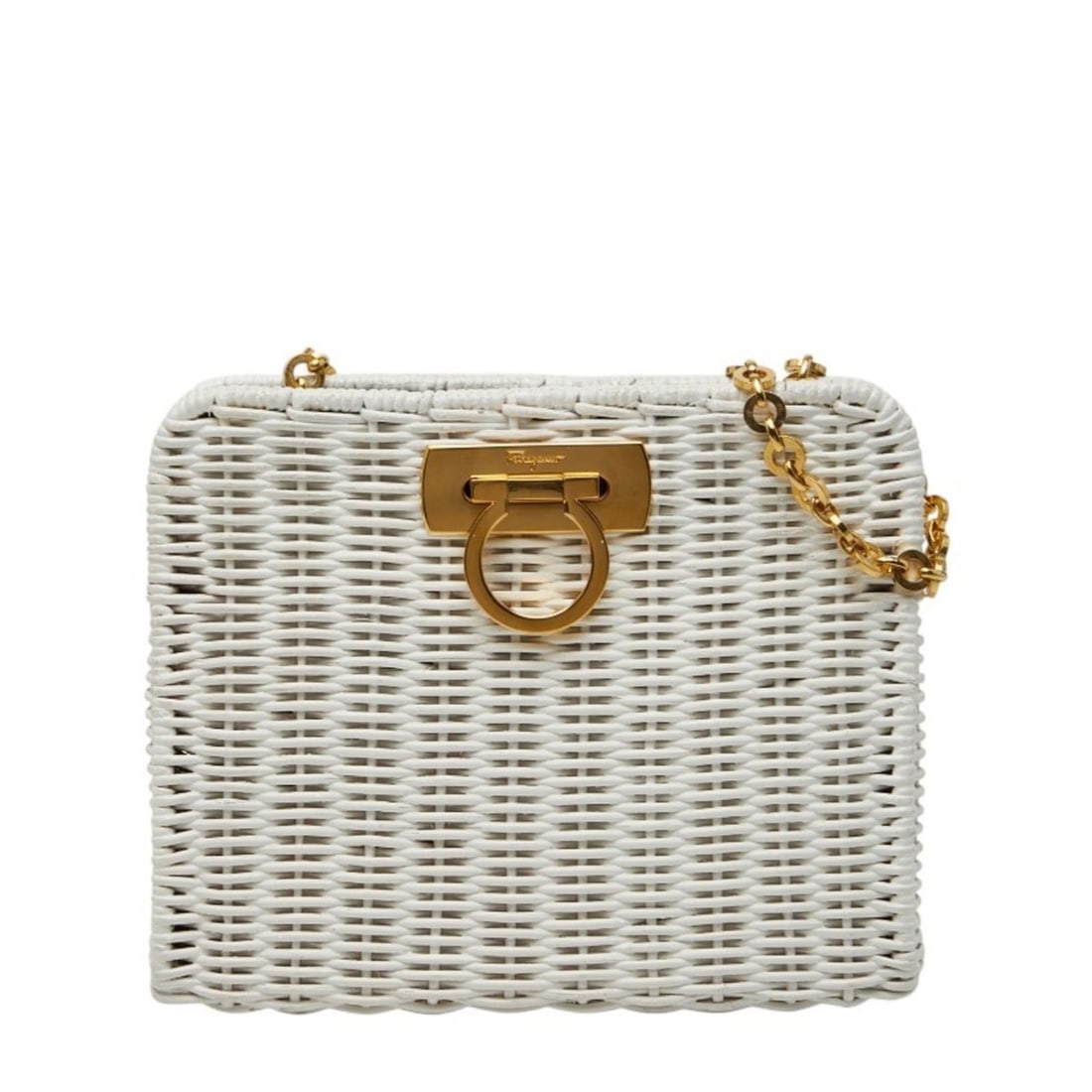 Salvatore Ferragamo Gancini Crossbody Chain Shoulder Bag in White Rattan for Women: --- Catalog ---Category: SizeSize (HxWxD): 17.5cm x 21cm x 8cm / 6.88'' x 8.26'' x 3.14''Category: DesignType: Shoulder bagColor: WhiteGender: WomenCategory: GeneralBrand: Salvatore Ferragamo--- Item