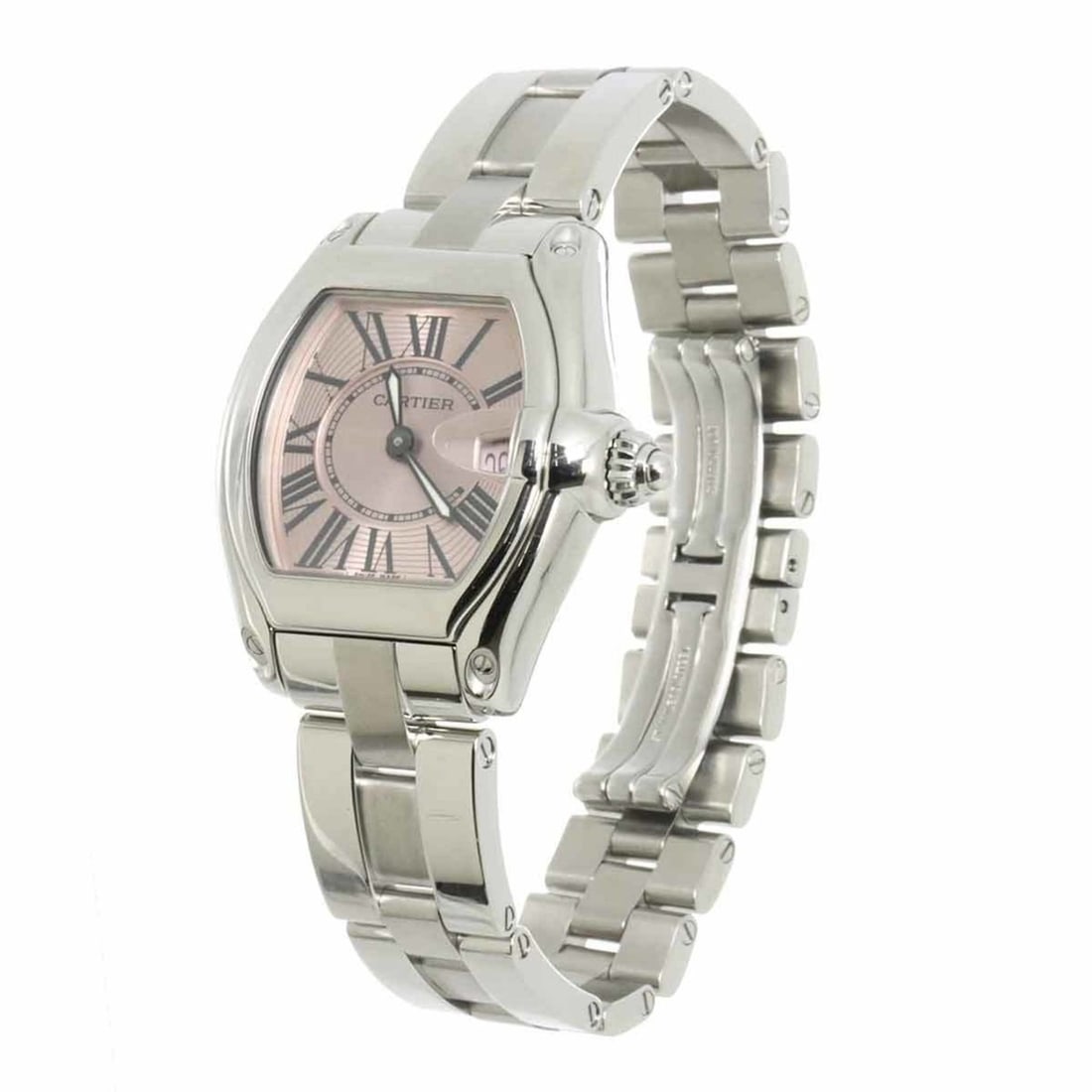 Cartier Roadster SM W62017V3 Women's Watch, Pink Quartz with Date Display: --- Catalog ---Category: SizeWrist Size: 16cm / 6.29''Case Diameter: 31mm / 1.22''Category: DesignType: WristwatchGender: WomenColor (Dial): PinkMaterial (Band): Stainless steelMaterial (Case): Stainl