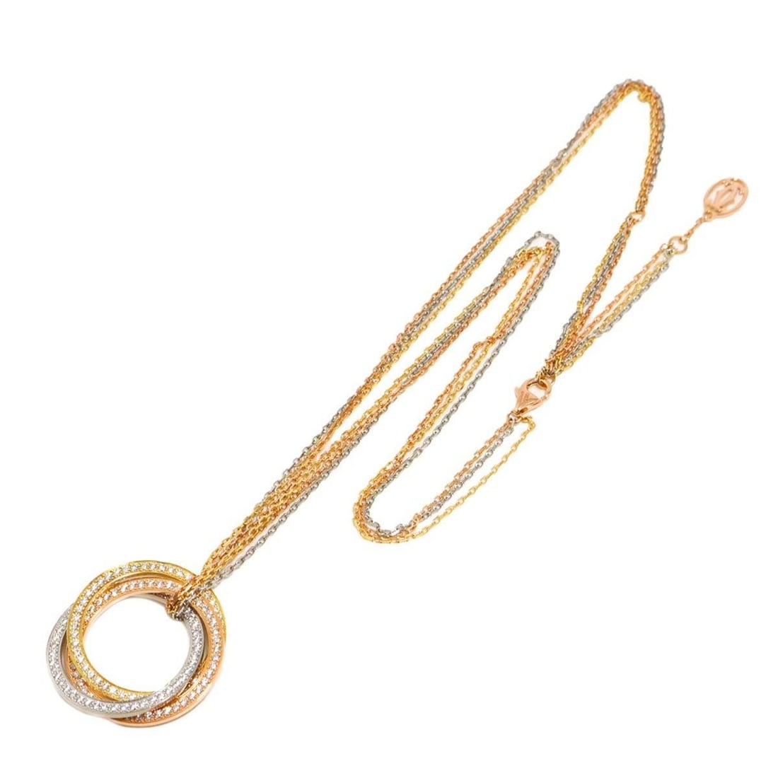 Cartier Trinity Diamond Necklace, 46cm, 18K Yellow Gold, White and PG 750, Three-Color: --- Catalog ---Category: SizePendant Size: 24mm x 24mm / 0.94'' x 0.94''Neck Circumference: 46 cm / 18.11''Category: DesignGender: WomenMaterial: Pink gold (18K), White gold (18K), Yellow gold (18K)Ne