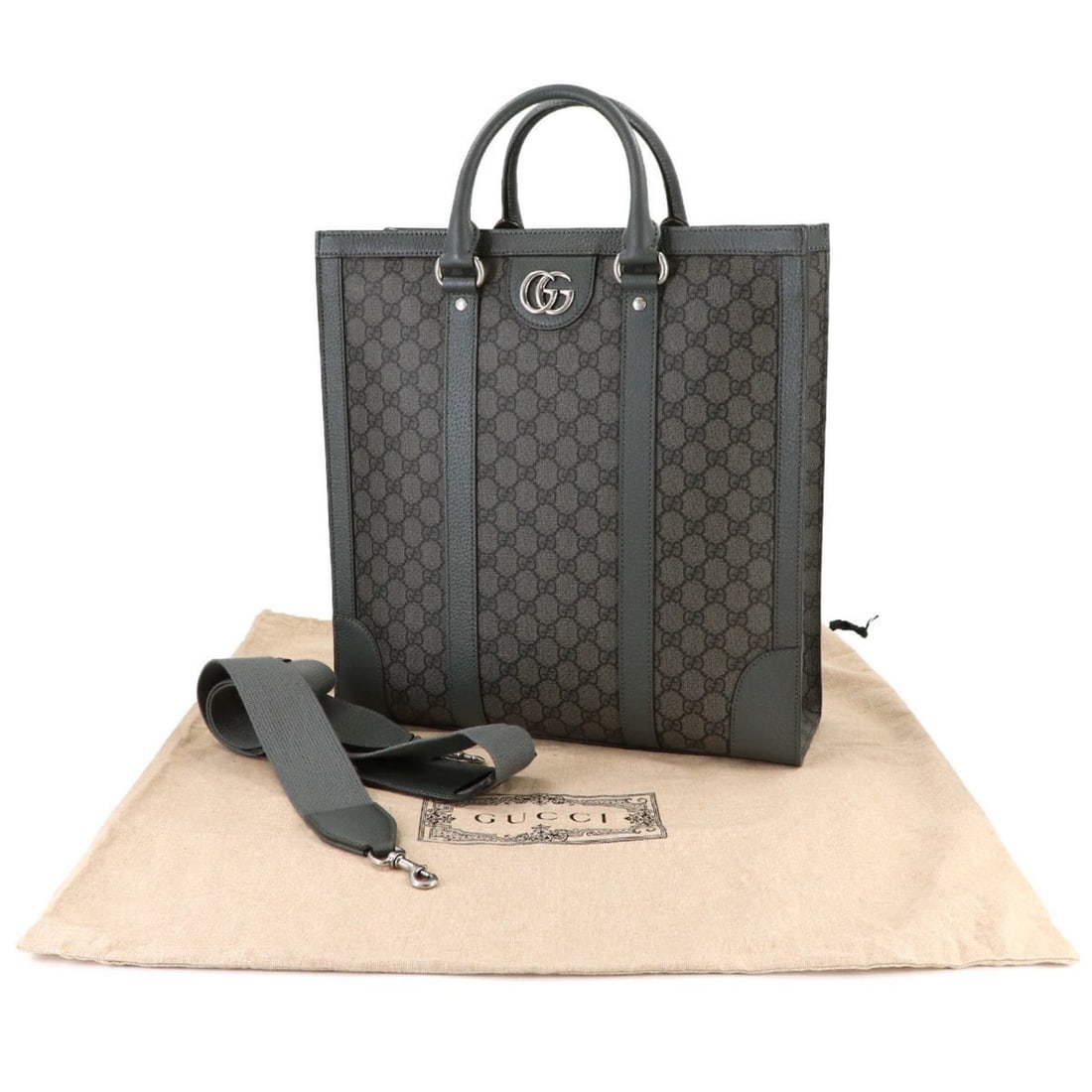 Gucci Ophidia GG Supreme Medium Tote Bag (731793), a 2-way tote/shoulder/handbag in leather gray and: --- Catalog ---Category: SizeSize (HxWxD): 38cm x 36cm x 11.5cm / 14.96'' x 14.17'' x 4.52''Category: DesignType: Handbag, Tote bagColor: Black, GrayGender: WomenMaterial: GG Supreme , Leather Categor