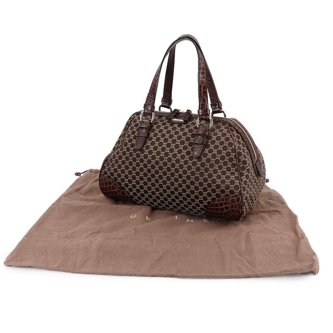 Celine Macadam Handbag in Dark Brown Canvas and Leather with Gold Hardware: --- Catalog ---Category: SizeSize (HxWxD): 23cm x 32cm x 18cm / 9.05'' x 12.59'' x 7.08''Category: DesignType: HandbagColor: Dark brownGender: WomenMaterial: Canvas , Leather Category: GeneralBrand: C