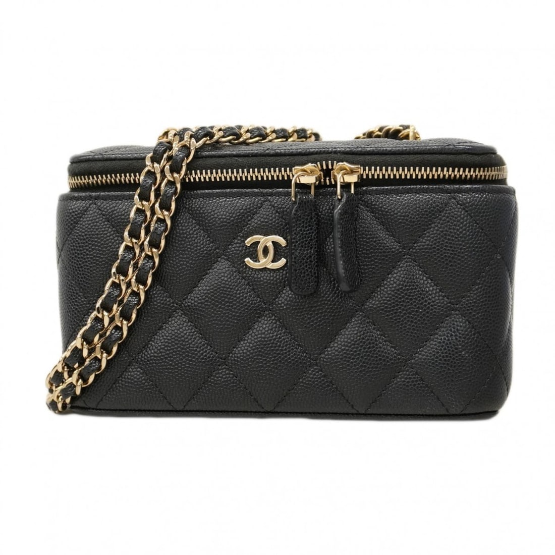 Chanel Matelasse Handbag/Vanity Bag with Chain Shoulder Strap, Caviar Skin, Black Champagne, Women's: --- Catalog ---Category: SizeSize (HxWxD): 10cm x 16.5cm x 8.5cm / 3.93'' x 6.49'' x 3.34''Category: DesignType: Vanity bagColor: BlackGender: WomenMaterial: Grained Calfskin Hardware Color: Champagne