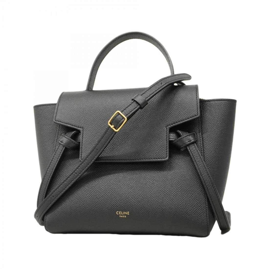 Celine handbag belt bag leather black 2-way for women: --- Catalog ---Category: SizeSize (HxWxD): 19cm x 20cm x 11cm / 7.48'' x 7.87'' x 4.33''Category: DesignType: HandbagColor: BlackGender: WomenMaterial: Leather Hardware Color: GoldCategory: GeneralBra