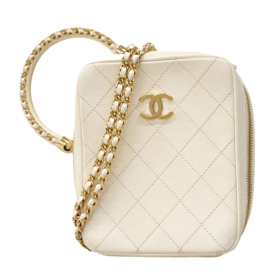Chanel Matelasse Handbag with Chain Shoulder Strap, White Lambskin, Champagne, 2-Way Bag, Women's, (1 of 17)