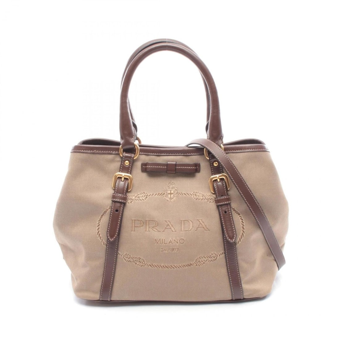 Prada Logo Jacquard Tote Bag, Handbag, Canvas and Leather, Women's, Beige Brown, BN1841 (1 of 11)