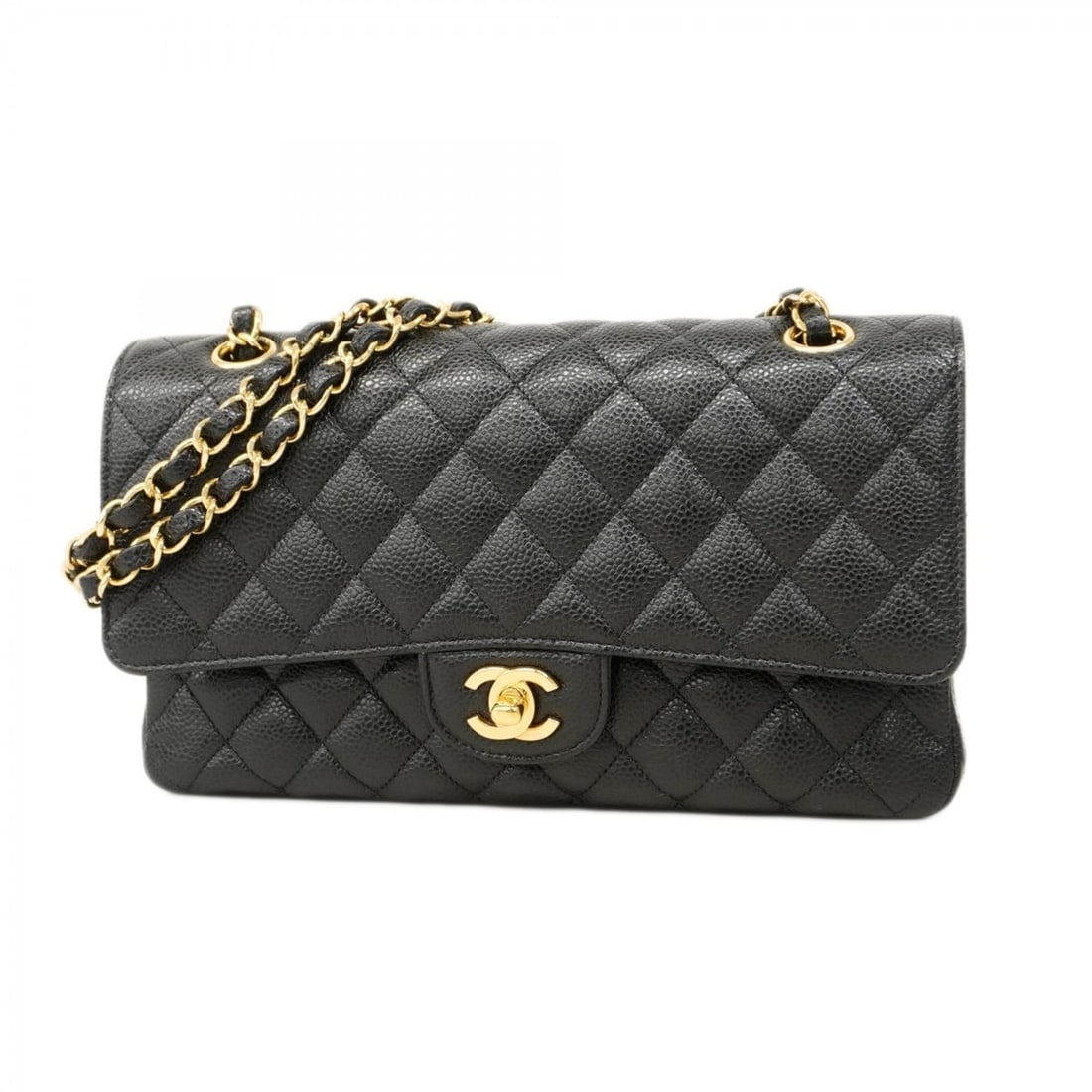 Chanel Matelasse Shoulder Bag with Double Flap and Chain, Caviar Skin, Black, Women's (1 of 15)