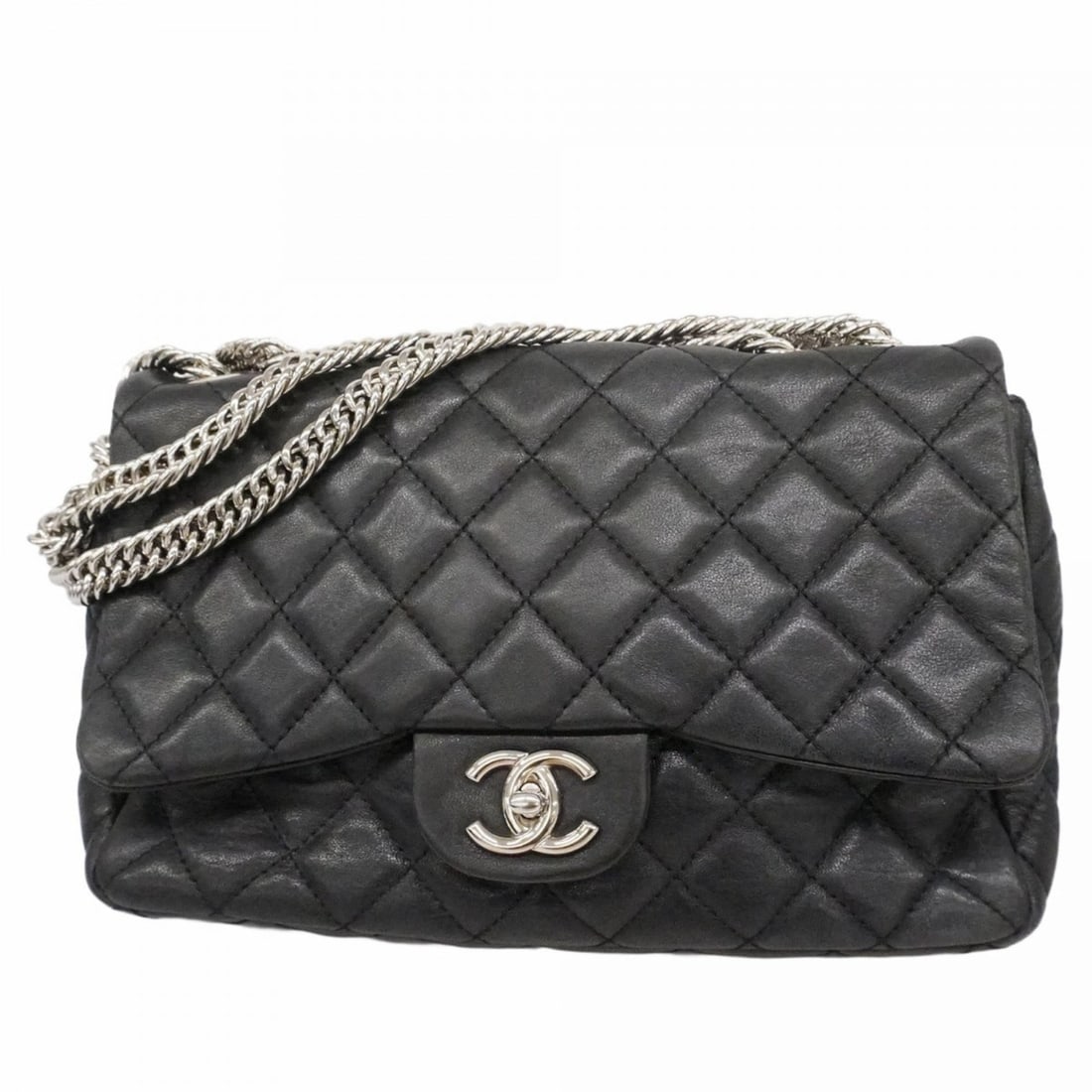 Chanel Shoulder Bag, Large Matelasse, Double Chain, Lambskin, Black, Women's (1 of 15)