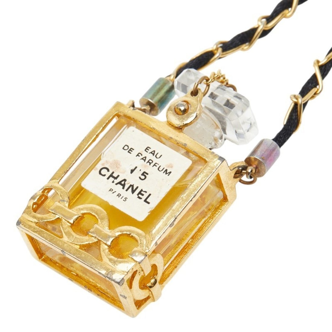 Chanel No. 5 Perfume Bottle Motif Necklace in Clear, Gold, and Black Glass with Plated Fabric, (1 of 16)